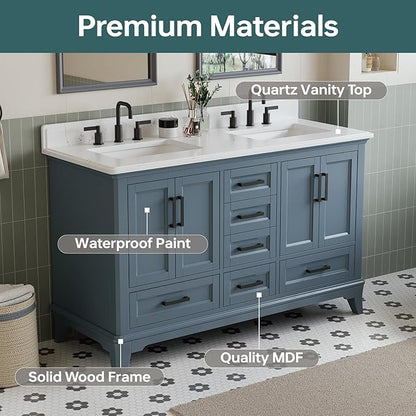 60 Inch Bathroom Vanity Double Sink, Fully Assembled Solid Wood Frame Double Sink Bathroom Vanity with Soft Closing Doors & Full Extension Dovetail Drawers, Quartz Top, Steel Blue