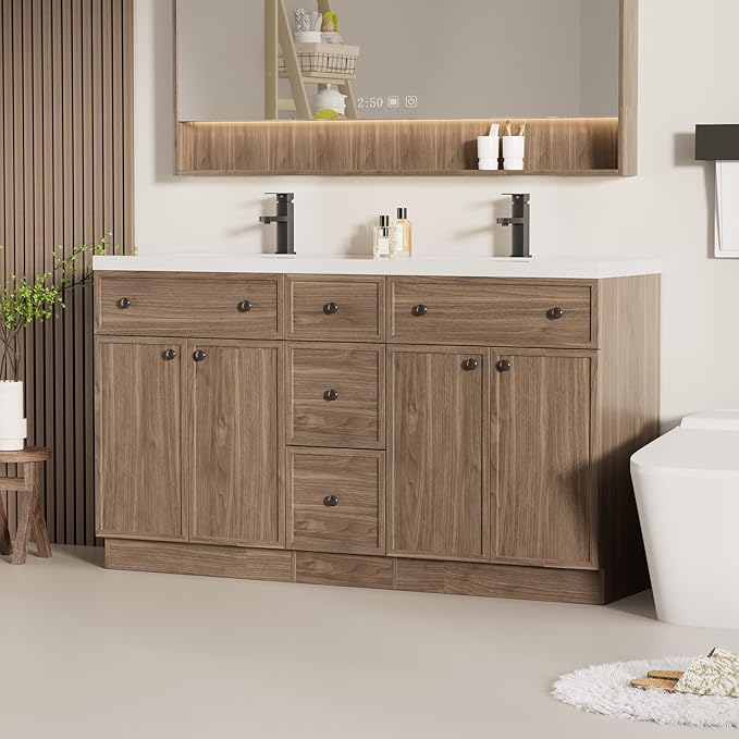 LUCKWIND 60" Bathroom Vanity Sink Combo, Modern Bathroom Cabinet with Double Undermount Solid Surface Vanity Sink, Soft-Close Hinges & Water-Saving Faucet, Taupe