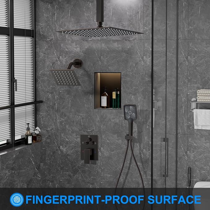 Shower Faucet Set, 12" Ceiling Mount Rainfall Shower System with 2 Rain Shower Head and Multi-function Handheld Head Push Button Diverter Shower Faucet Trim Kit (12", Oil Rubbed Bronze)