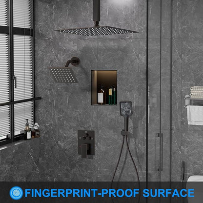 Shower Faucet Set, 12" Ceiling Mount Rainfall Shower System with 2 Rain Shower Head and Multi-function Handheld Head Push Button Diverter Shower Faucet Trim Kit (12", Oil Rubbed Bronze)