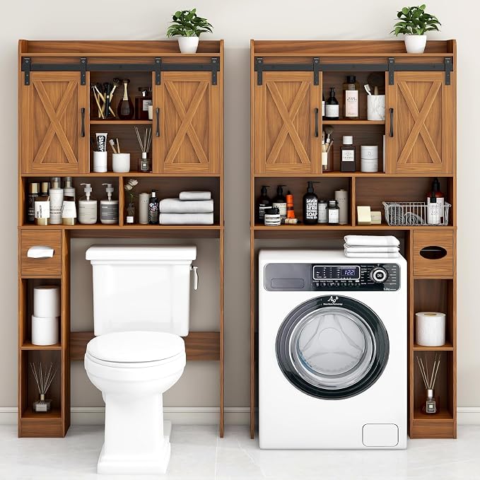 Vabches Over The Toilet Storage Cabinet with Sliding Doors, Caramel | Farmhouse Storage Cabinet Over Toilet, Home Space-Saving Toilet Rack, Toilet Paper Holder Stand,for Restroom,Bathroom,Laundry