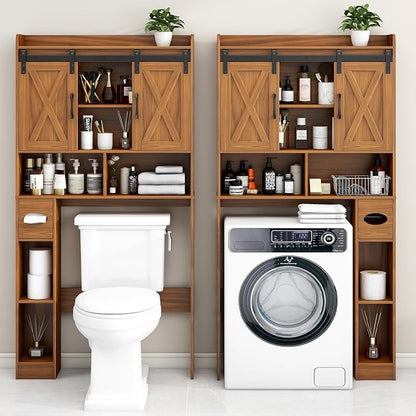 Vabches Over The Toilet Storage Cabinet with Sliding Doors, Caramel | Farmhouse Storage Cabinet Over Toilet, Home Space-Saving Toilet Rack, Toilet Paper Holder Stand,for Restroom,Bathroom,Laundry