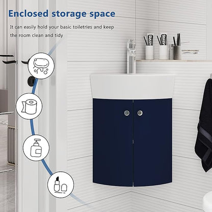 12 Inch Bathroom Vanity with White Sink Combo, Wall-Mounted Bathroom Vanity 2 Door for Small Space, Modern Floating Bathroom Cabinet with Top Basin & Storage Cabinet,Blue