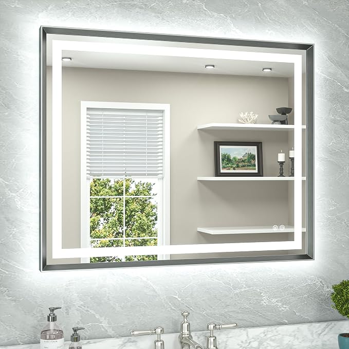 40 x 32 Led Mirror Brushed Gunmetal Gray/Off‑Black Metal Frame Frontlit & Backlit Vanity Mirror Anti-Fog Stepless Dimmable 3 Colors White/Warm/Natural Wall Mirror with Lights Wall-Mounted