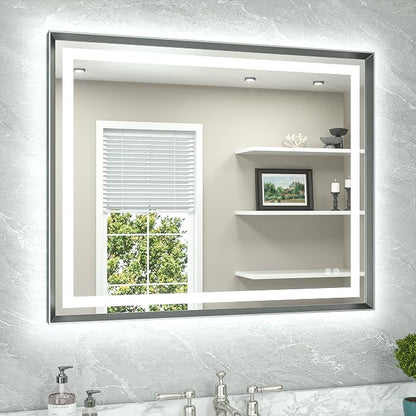 40 x 32 Led Mirror Brushed Gunmetal Gray/Off‑Black Metal Frame Frontlit & Backlit Vanity Mirror Anti-Fog Stepless Dimmable 3 Colors White/Warm/Natural Wall Mirror with Lights Wall-Mounted