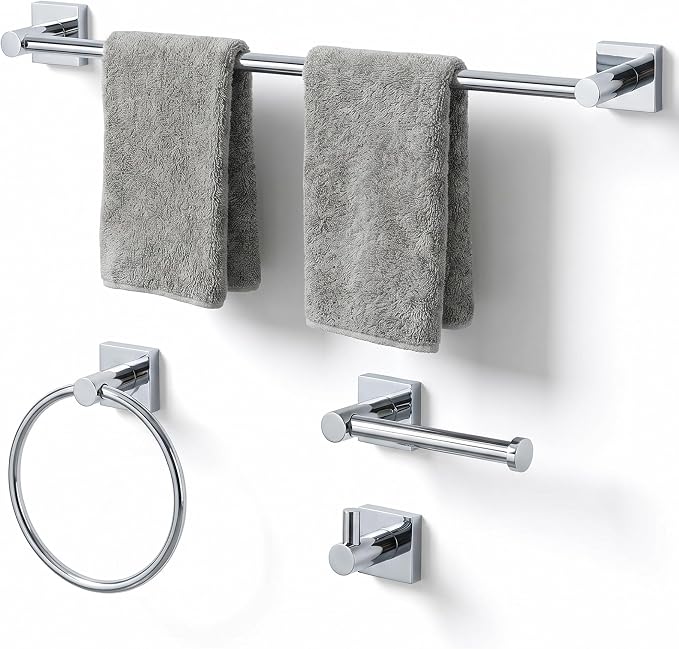 24-Inch Wall Mounted Towel Racks for Bathroom – Space Saver 4-Piece Durable Stainless Steel Bathroom Hardware Set with Towel Bar, Towel Ring, Toilet Paper Holder & Hook, Chrome