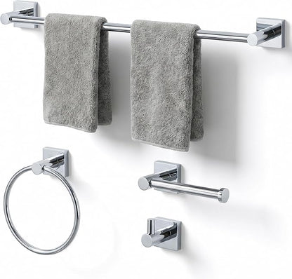 24-Inch Wall Mounted Towel Racks for Bathroom – Space Saver 4-Piece Durable Stainless Steel Bathroom Hardware Set with Towel Bar, Towel Ring, Toilet Paper Holder & Hook, Chrome