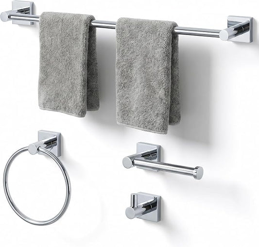 24-Inch Wall Mounted Towel Racks for Bathroom – Space Saver 4-Piece Durable Stainless Steel Bathroom Hardware Set with Towel Bar, Towel Ring, Toilet Paper Holder & Hook, Chrome
