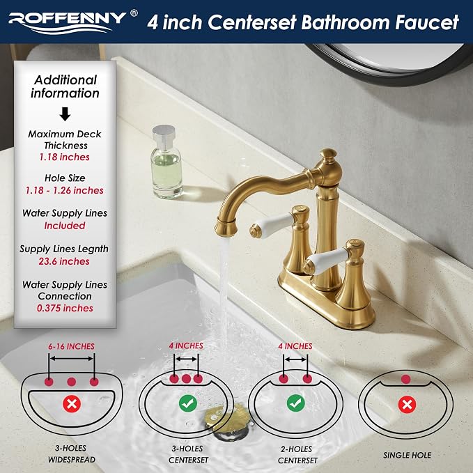Porcelain 2-Handle Brushed Gold Bathroom Faucet 4 Inch Centerset | with Plastic Pop-up Drain and Two 23.6" Supply Lines, Classical Gold Bath Vanity Sink Faucets for 2/3-Hole Sinks, Brass Spout