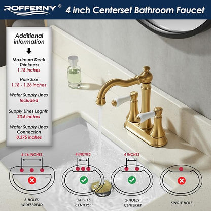 Porcelain 2-Handle Brushed Gold Bathroom Faucet 4 Inch Centerset | with Plastic Pop-up Drain and Two 23.6" Supply Lines, Classical Gold Bath Vanity Sink Faucets for 2/3-Hole Sinks, Brass Spout