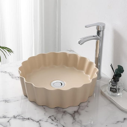JONATHAN Y SNK1005G 15" Round Bathroom Vessel Sink, Art Deco Scallop Above Counter Vanity Sink, Matte Beige Ceramic Basin for Modern Powder Room and Lavatory