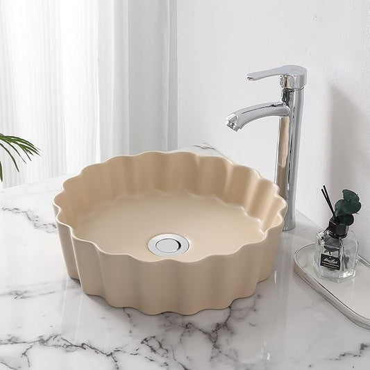 JONATHAN Y SNK1005G 15" Round Bathroom Vessel Sink, Art Deco Scallop Above Counter Vanity Sink, Matte Beige Ceramic Basin for Modern Powder Room and Lavatory