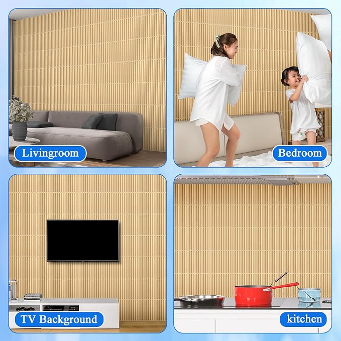 Nuanchu 32 Pcs 3D Wall Panels, 12"x12" PVC Fluted Tiles, Natural Oak | Waterproof Accent Panels, Paintable Wall Tiles, for TV Background, Bedroom, Bathroom, Gaming Room, Cuttable Home DIY Decor