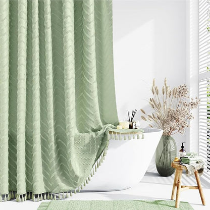 Stall Boho Shower Curtain Tufted Chevron 36"x72" Sage Green | Narrow Half Size, Elegant Tassel, Lightweight Textured Fabric, Water Repellent, Washable, for Small Bathroom/Dorm 6 Hooks