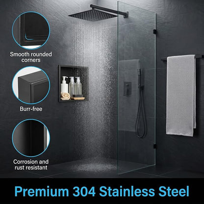 304 Stainless Steel Shower Niche 12” x 12” for Bathroom Storage | Waterproof Matte Black Recessed Shower Niche No Tile Needed with 2-Tier Shelves
