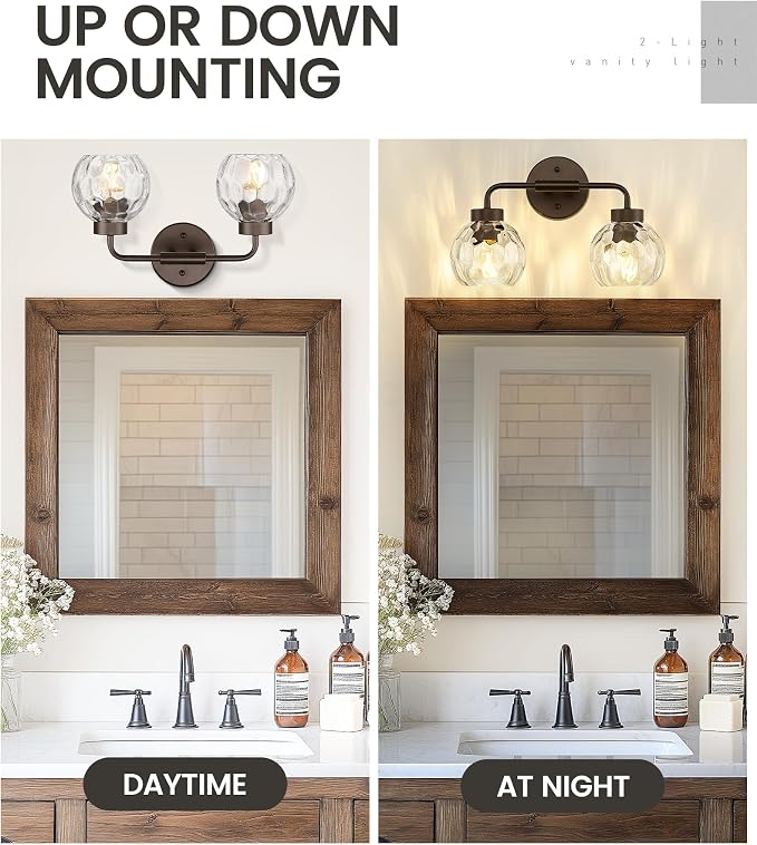 zeyu 2-Light Bathroom Vanity Light, Farmhouse Wall Sconce Lighting with Water Ripple Globe Glass, Oil Rubbed Bronze Finish, ZS62BG-2W ORB-WG