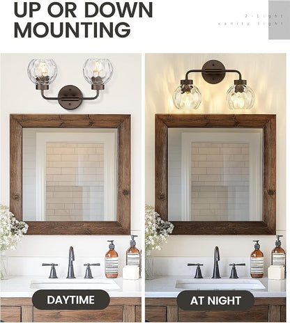 zeyu 2-Light Bathroom Vanity Light, Farmhouse Wall Sconce Lighting with Water Ripple Globe Glass, Oil Rubbed Bronze Finish, ZS62BG-2W ORB-WG