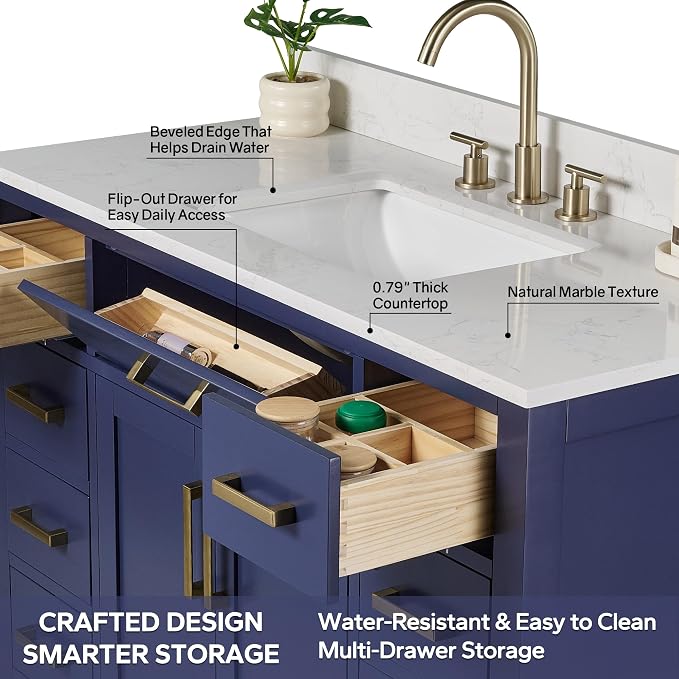 48-inch Bathroom Vanity with Sink, Solid Wood, 0.79-inch Stone Countertop and Backsplash, 9 Drawers, 2 Soft Closing Doors -Royal Blue