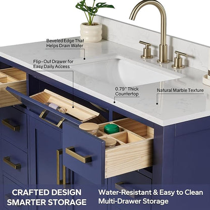 48-inch Bathroom Vanity with Sink, Solid Wood, 0.79-inch Stone Countertop and Backsplash, 9 Drawers, 2 Soft Closing Doors -Royal Blue