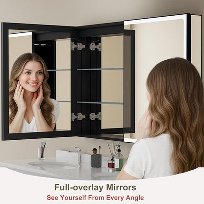 32x32 Inch Led Lighted Medicine Cabinet with Mirror, Recessed or Surface Mount Bathroom Medicine Cabinet, Anti-Fog, Adjustable Shelf, Dimmable Light, Outlets & USB, ETL Listed, Black