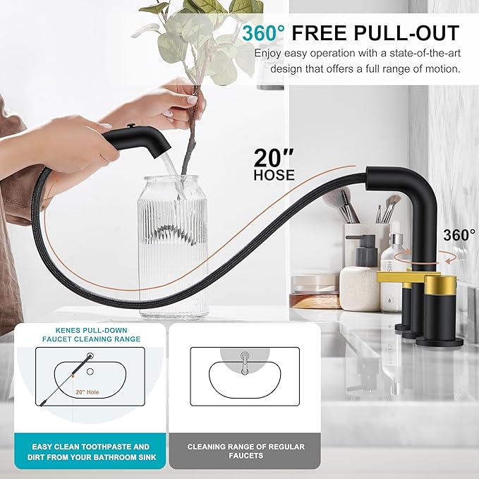 KENES Black and Gold Pull Out Widespread Bathroom Faucet 3 Hole, 8 Inch 2 Handle Bathroom Sink Faucet with Pull Out Sprayer, Vanity Faucet with Pop Up Drain & Supply Lines LJ-9058A-BG