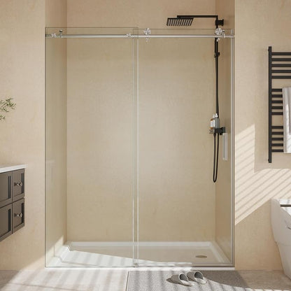 Garvee Sliding Shower Door 56-60 inch W x 76 inch H | Frameless Glass Shower Door with Round Stainless Steel Rail, 8mm Tempered Glass Shower Door, Brushed Sliver