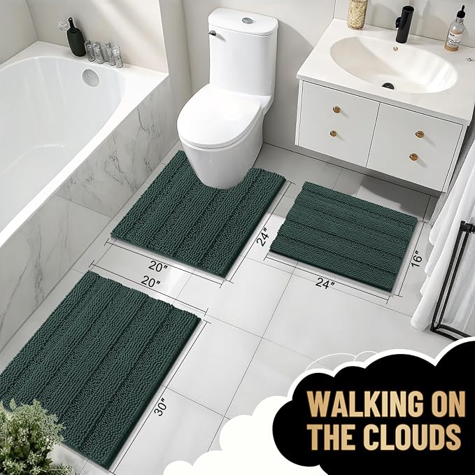 OLANLY Thick Bathroom Runner Rugs 44x24, Chenille Bath Rugs, Blackish Green | Absorbent Striped, Rubber Backing, Machine Wash, Long Bath Mats for Bathroom Floor, Tub and Shower, Home Decor Accessories