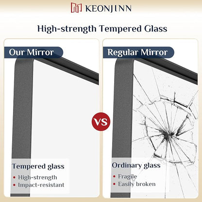 Keonjinn 16 x 20 Inch Black Bathroom Mirrors for Over Sink, Tempered Glass | Sandblasted Finish, Matte Black Vanity Mirror, Anti-Rust, Seamless Aluminum Frame, Rounded Rectangle, French Cleat Mount