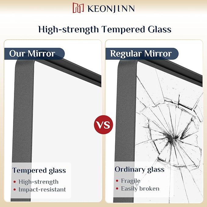 Keonjinn 60 x 36 Inch Black Bathroom Mirrors for Over Sink, Tempered Glass | Sandblasted Finish, Matte Black Vanity Mirror, Anti-Rust, Seamless Aluminum Frame, Rounded Rectangle, French Cleat Mount