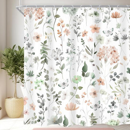 Cute Green Pink Floral Wildflower Watercolor Bathroom Shower Curtain Set | 72"W x 78"H Boho Butterfly; waterproof HD print, quick-dry fabric and plastic hooks for easy setup.