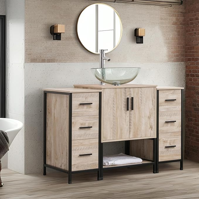 UEV 48" Bathroom Vanity,Oak Color Bathroom Vanity Set with Sink and 3 Drawers Side Cabinet Combo,with Adjustable Water Temperature Faucet (A16)