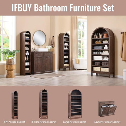 IFBUY 71" Tall Arched Bathroom Storage Cabinet, 7-Tier Modern Farmhouse Storage Cabinet with Adjustable Shelves, Wood Freestanding Cabinet for Bathroom, Living Room, Entryway, Hallway-Brown