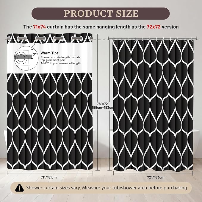 Gelbchu Black No Hook Shower Curtain with Snap-in Liner, 71 x 74 Inch | Built-In Hooks, Mesh Top Window, Water-Repellent, Machine Washable, Quick Drying, Premium Polyester, Hotel Style, Modern