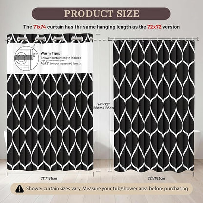 Gelbchu Black No Hook Shower Curtain with Snap-in Liner, 71 x 74 Inch | Built-In Hooks, Mesh Top Window, Water-Repellent, Machine Washable, Quick Drying, Premium Polyester, Hotel Style, Modern