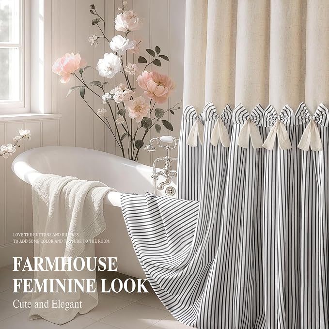 Farmhouse Shower Curtain Linen Bow Pleated Black Stripe 72"W x 72"L | Farmhouse Style, Chic Bow, Striped, Linen Fabric, Rustic, Country, Natural Look, Washable, for Bathroom Bathtub
