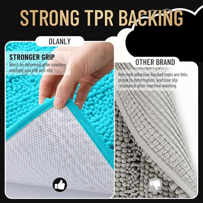 OLANLY Thick Bathroom Rugs 30x20, Soft Chenille Striped Bath Rugs, Aqua Sky | Rubber Backing, Machine Wash, Extra Absorbent Bath Mats for Bathroom Floor, Tub and Shower, Home Decor Accessories