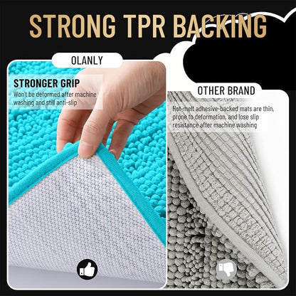 OLANLY Thick Bathroom Runner Rugs 44x24, Soft Chenille Bath Rugs, Aqua Sky | Absorbent Striped, Rubber Backing, Machine Wash, Long Bath Mats for Bathroom Floor, Tub and Shower, Home Decor Accessories
