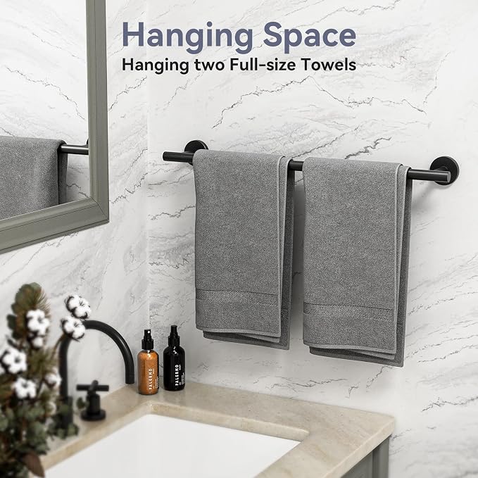 Matte Black Towel Bar, 24 Inch Bathroom Towel Rack | (Total Length 26-Inch), Towel Holder Wall Mounted, Thicken SUS304 Stainless Steel Towel Rod Modern Home Decor