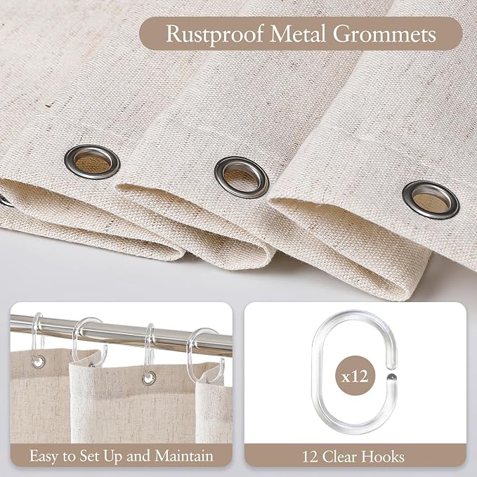 Linen Scallop Shower Curtain with 12 Clear Hooks, Waterproof, 72x84, Cream | Washable Heavy Duty Thick Fabric with Black Border, Neutral Modern Farmhouse Boho Décor