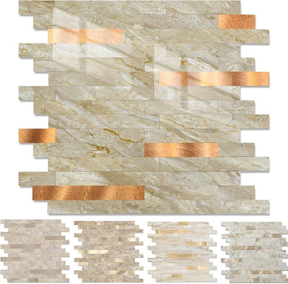 Yipscazo 1 Sheet Peel and Stick Stone Metal Tile Backsplash, Stick on Tiles for Backsplash Kitchen, Bathroom, Laundry Room, Camper, Fireplace (12'' X 12'', Polished Beige)