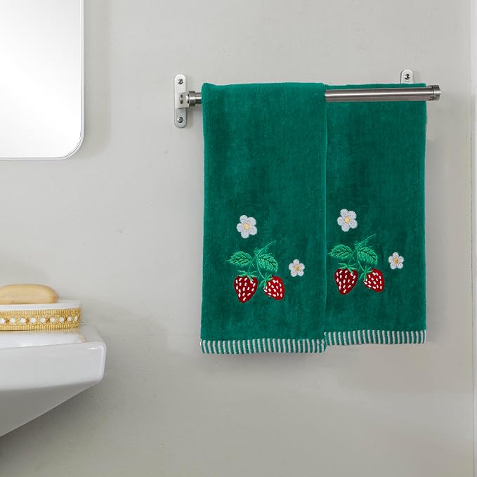 SKL Home Strawberry Vine Hand Towel Set-2pc, 100% Cotton, Green | Soft & decorative velour with embroidery. For use in the bathroom, kitchen, bar or any sink space.
