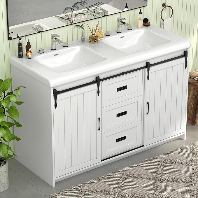 Bathroom Vanity with Double Sinks, 48" Standing Double Vanity with Drawers & Metal Handles, 2 Sink Bathroom Vanity with 4 Shelves, White