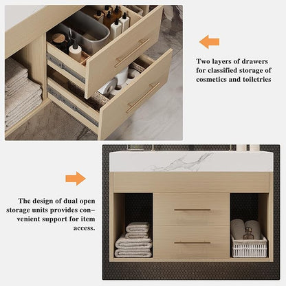 30 inch Modern Floating Bathroom Vanity with Sink, Wall Mounted Bathroom Cabinet with Undermount Ceramic Sink, Sintered Stone Countertop, 2 Soft Closing Drawers & Open Storage Shelf, Natural