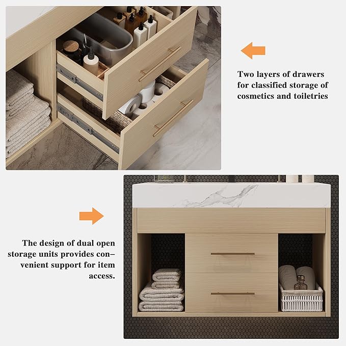 30" Bathroom Vanity with Sink Set, Modern Oak Wall Mounted Bathroom Vanity Cabinet with Sintered Stone Top&Gold Handle 2 Drawers&2 Open Storage, Single Sink Floating Bathroom Vanity