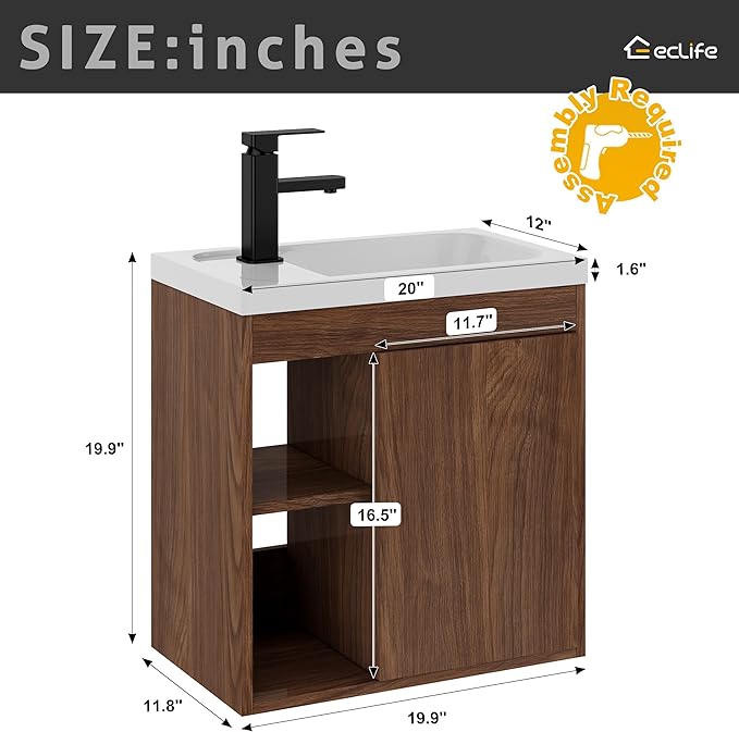 eclife 20" Floating Bathroom Vanity Sink Combo for Small Space, Wall-Mounted Guest Toilet Wash Basin Cabinet with Opening Shelf, Soft Closing Door, Walnut Veneered