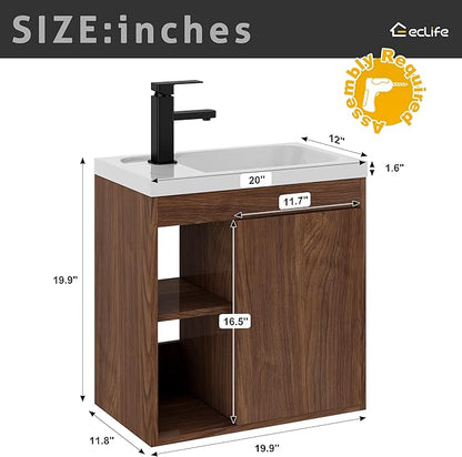eclife 20" Floating Bathroom Vanity Sink Combo for Small Space, Wall-Mounted Guest Toilet Wash Basin Cabinet with Opening Shelf, Soft Closing Door, Walnut Veneered