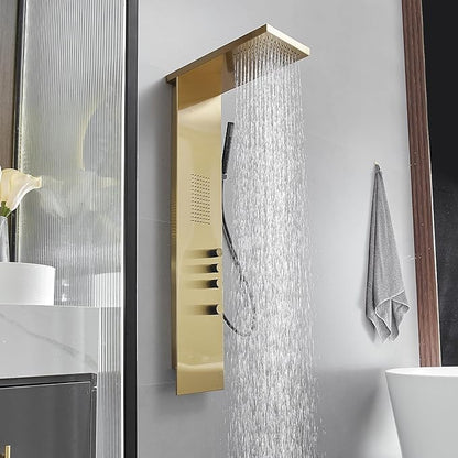 Shower Tower Bathroom Shower Panel System with Rainfall Shower Head Hand Shower and Large Area Body Spray, Stainless Steel Multi-Function Shower Fixtures, Brushed Gold
