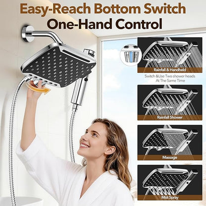 JDO High Pressure Rain Shower Head with Handheld Spray Chrome Polished | 7 Modes Dual Shower Head, 10-inch Rainfall Showerheads Combo, Detachable Hand Held Shower Wand, Power Jets, 71" Shower Hose