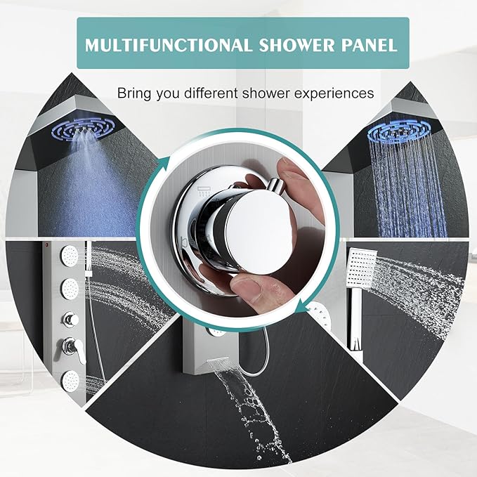 Shower Panel Tower System for Bathroom - 5 In 1 Full Body Shower Tower With Led, Rainfall Shower Head With Powerful Body Jets, Handheld Shower and Tub Spout, Brushed Finish