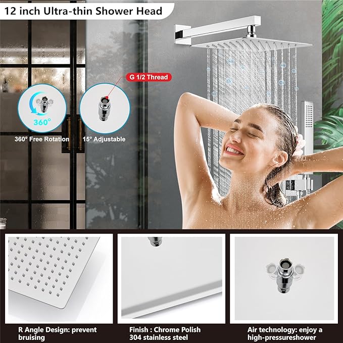 Midanya Shower Faucet Set,Wall Mount Shower System with Square Rain Shower Head and Hand Sprayer, Rough-in Valve Body and Trim Kit Included,12 Inch,Polish Chrome